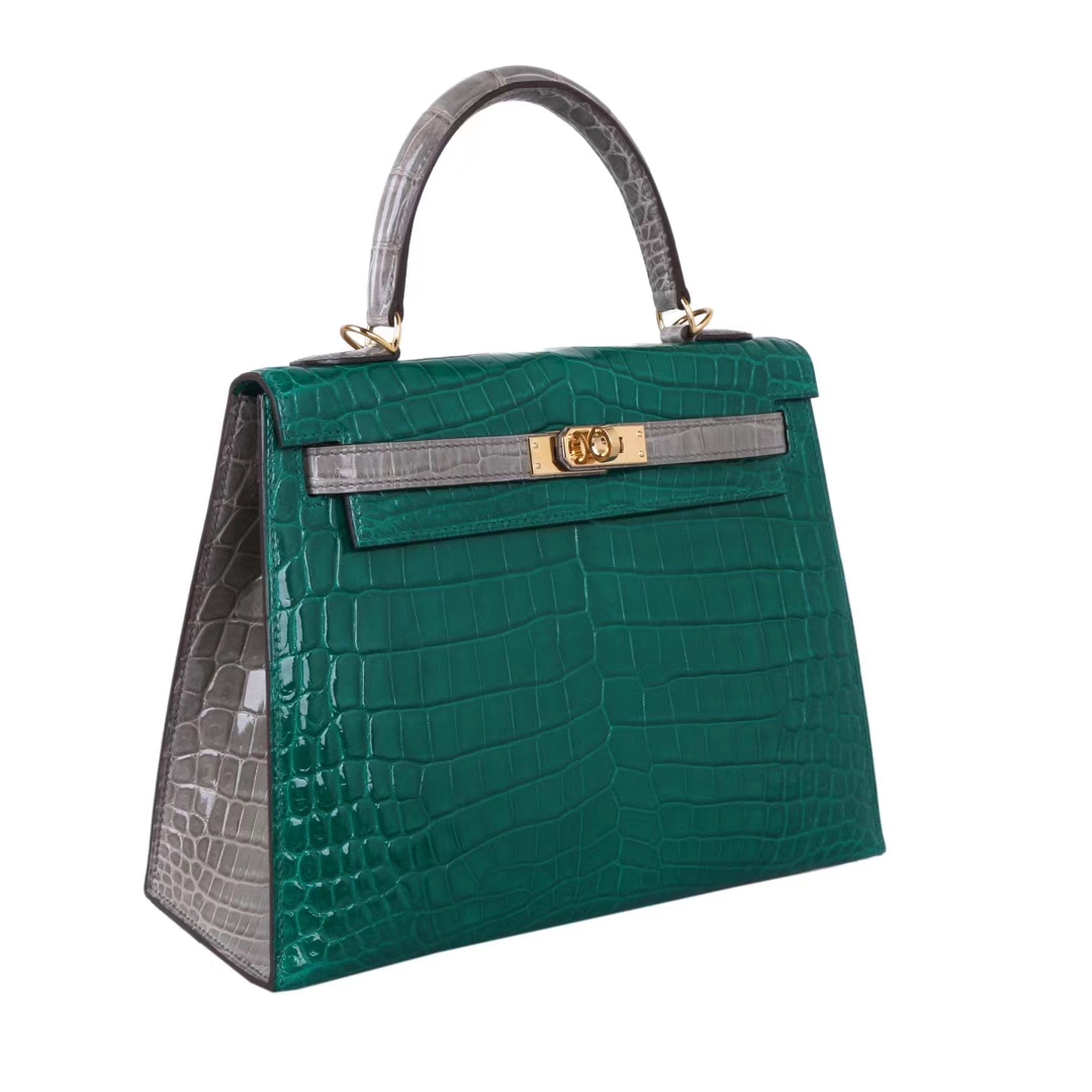 Hermès（爱马仕）Kelly 凯莉包 翡翠绿拼斑鸠灰 亮面鳄鱼 金扣 25cm