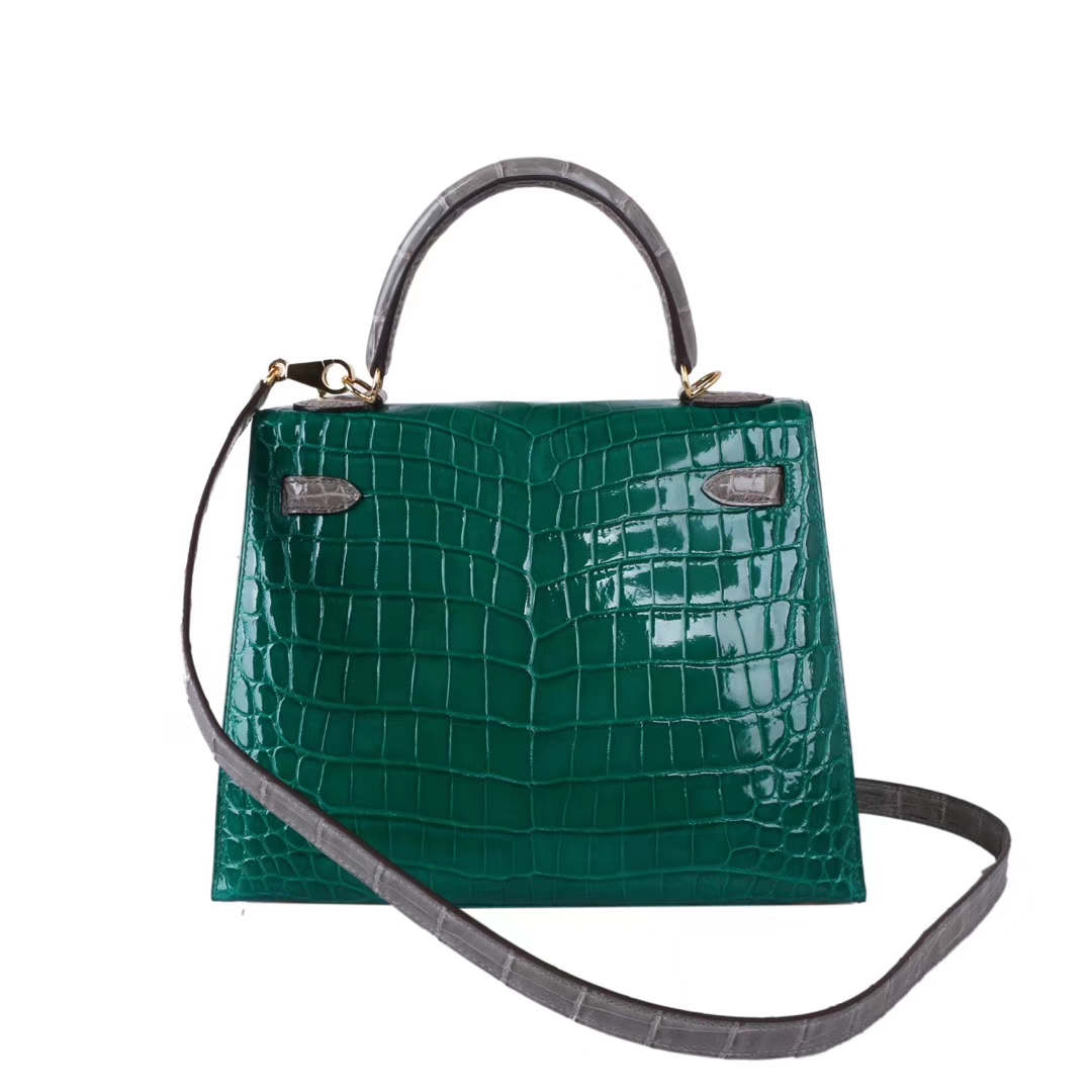 Hermès（爱马仕）Kelly 凯莉包 翡翠绿拼斑鸠灰 亮面鳄鱼 金扣 25cm