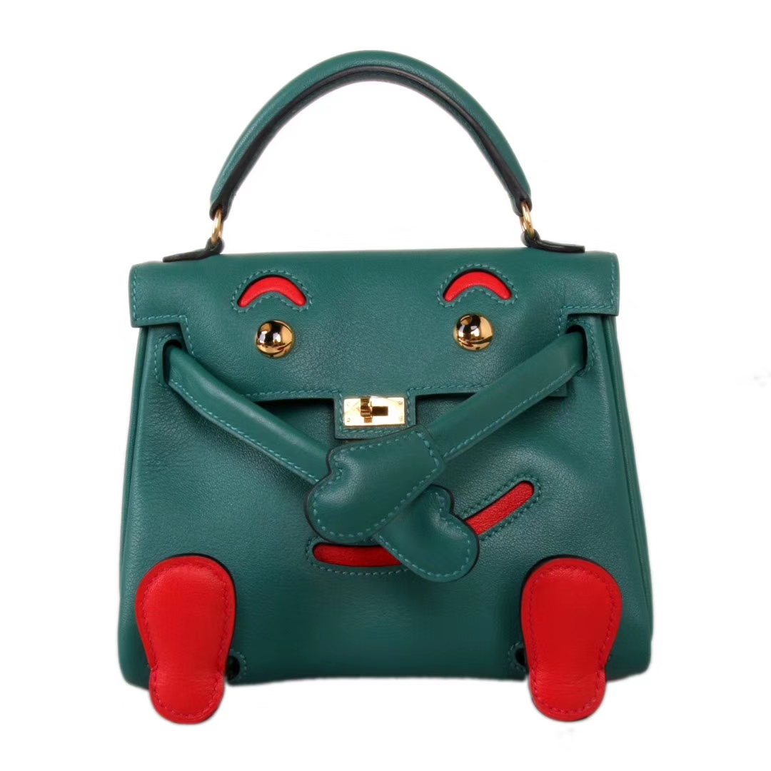 Hermès（爱马仕）kelly doll 娃娃包 孔雀绿拼番茄红 swift皮 银扣 18cm