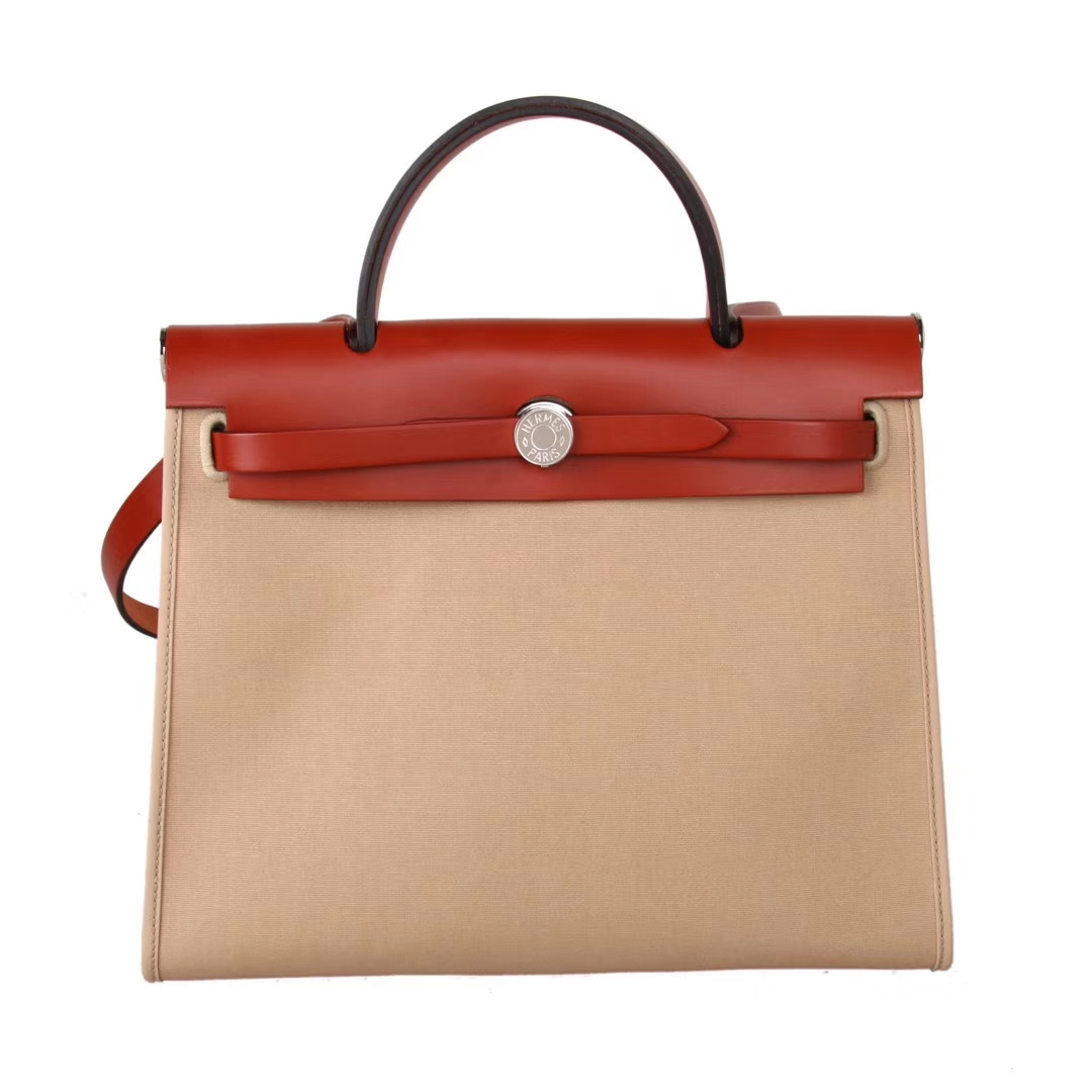 Hermès（爱马仕）Herbag 酒红盖头米白帆布 银扣 31cm