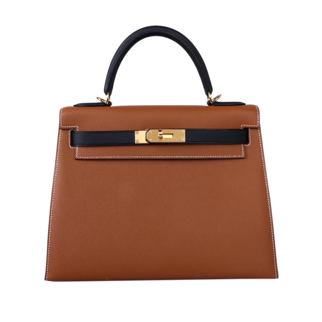 Hermès（爱马仕）Kelly 凯莉包 金棕拼黑 Epsom皮 金扣 28cm