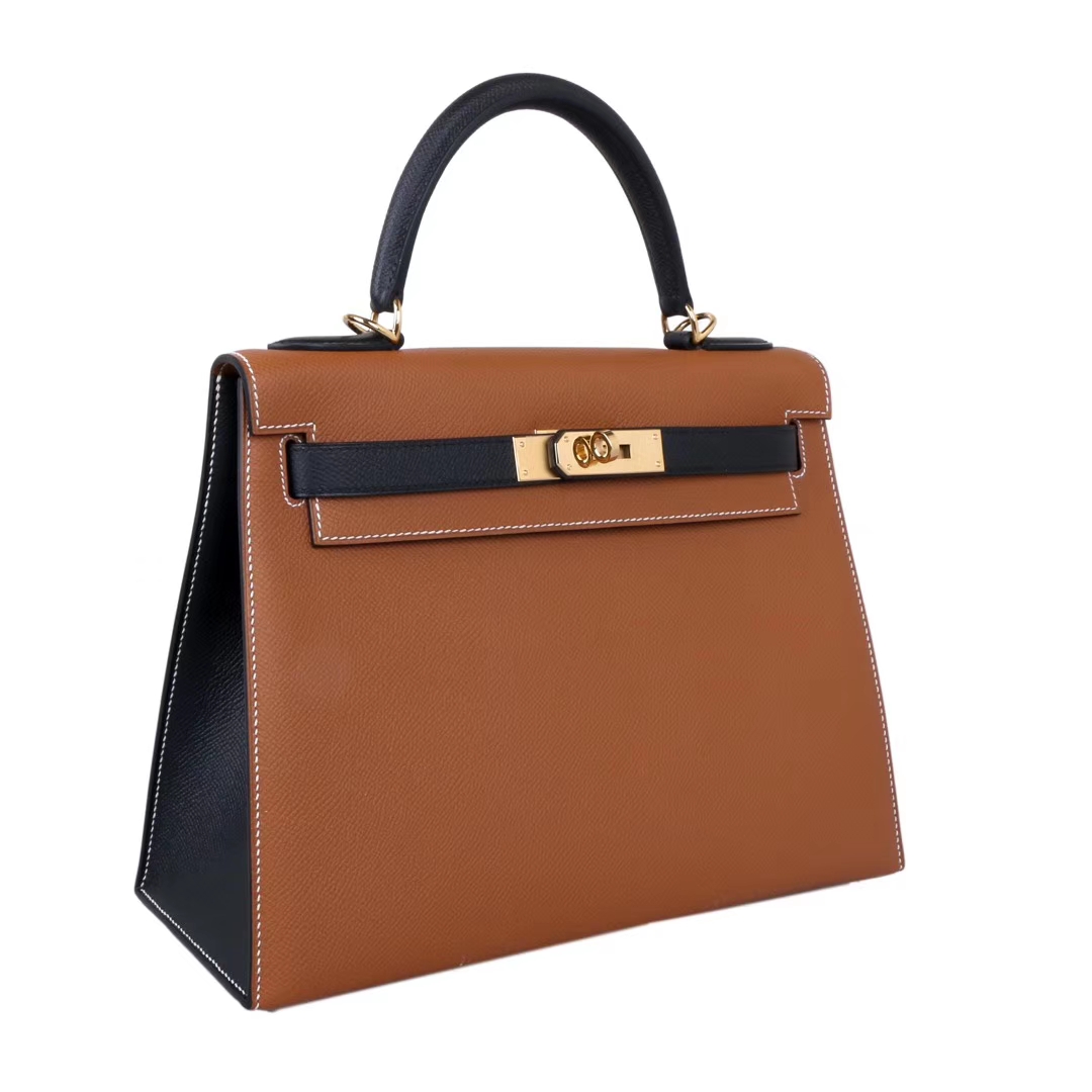 Hermès（爱马仕）Kelly 凯莉包 金棕拼黑 Epsom皮 金扣 28cm