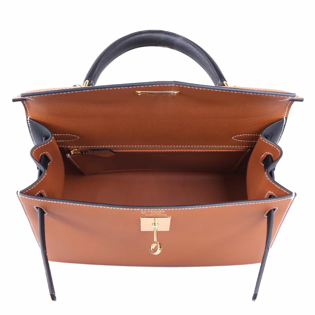 Hermès（爱马仕）Kelly 凯莉包 金棕拼黑 Epsom皮 金扣 28cm