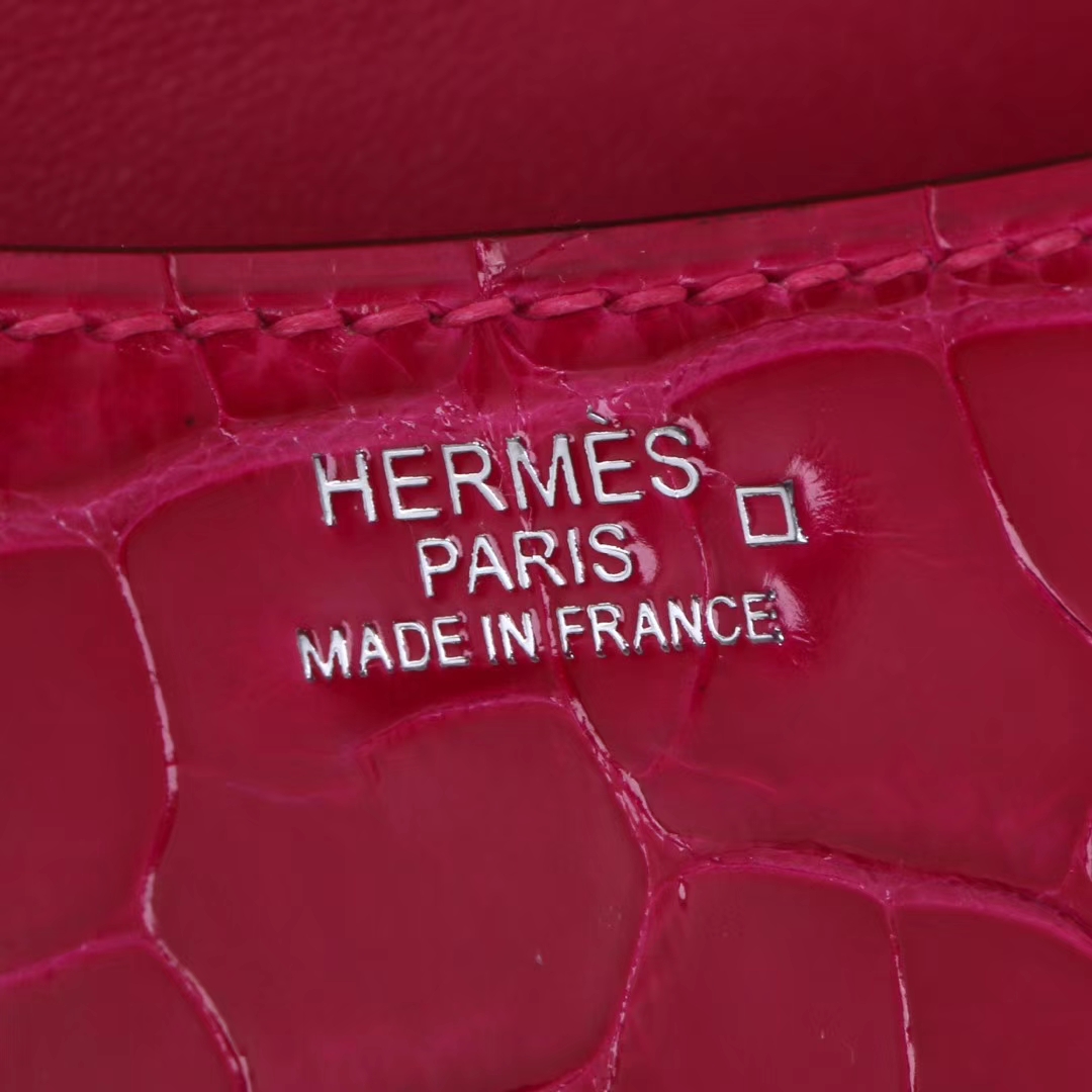 Hermès（爱马仕）Constace 空姐包 桃红 亮面鳄鱼 银扣 19cm