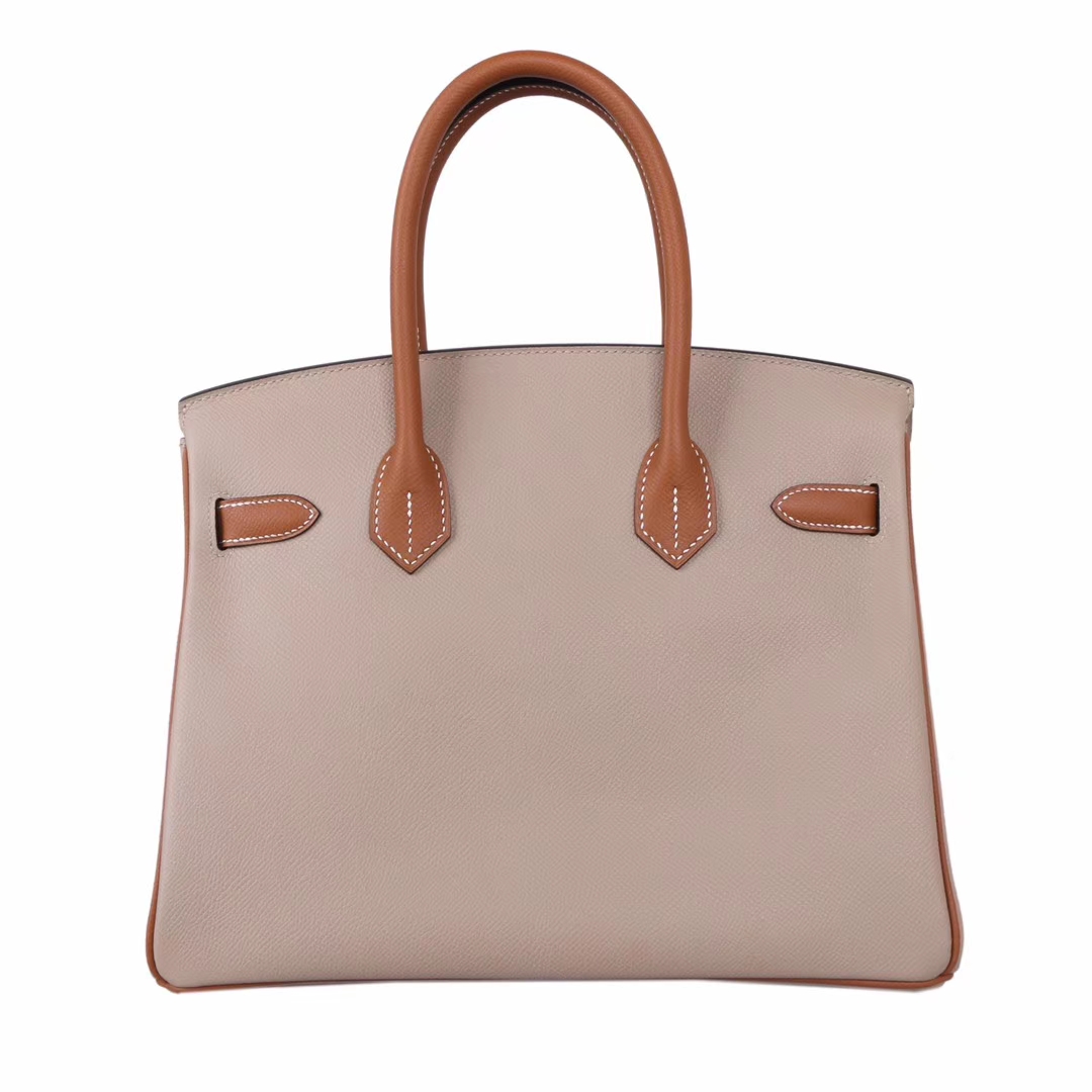 Hermès（爱马仕）Birkin 铂金包 斑鸠灰拼金棕色 Ep 银扣 30cm