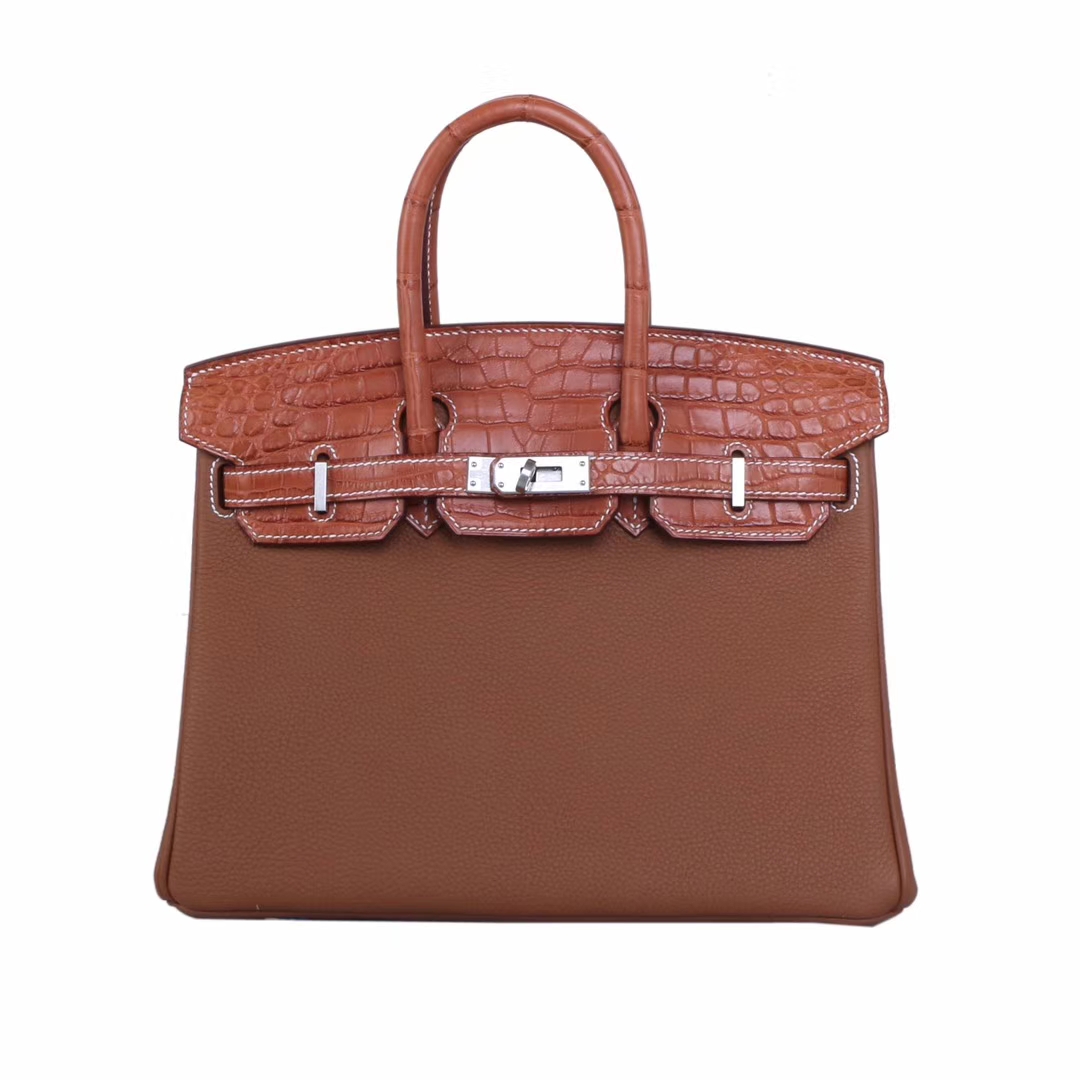 Hermès（爱马仕）Birkin 铂金包 金棕色 Togo 包身金棕鳄鱼盖头抽带手柄 银扣 25cm