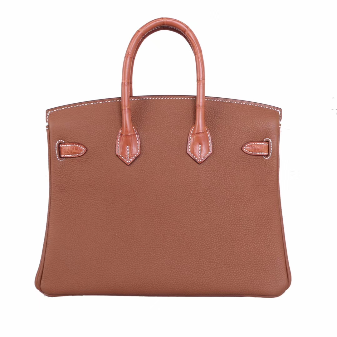 Hermès（爱马仕）Birkin 铂金包 金棕色 Togo 包身金棕鳄鱼盖头抽带手柄 银扣 25cm