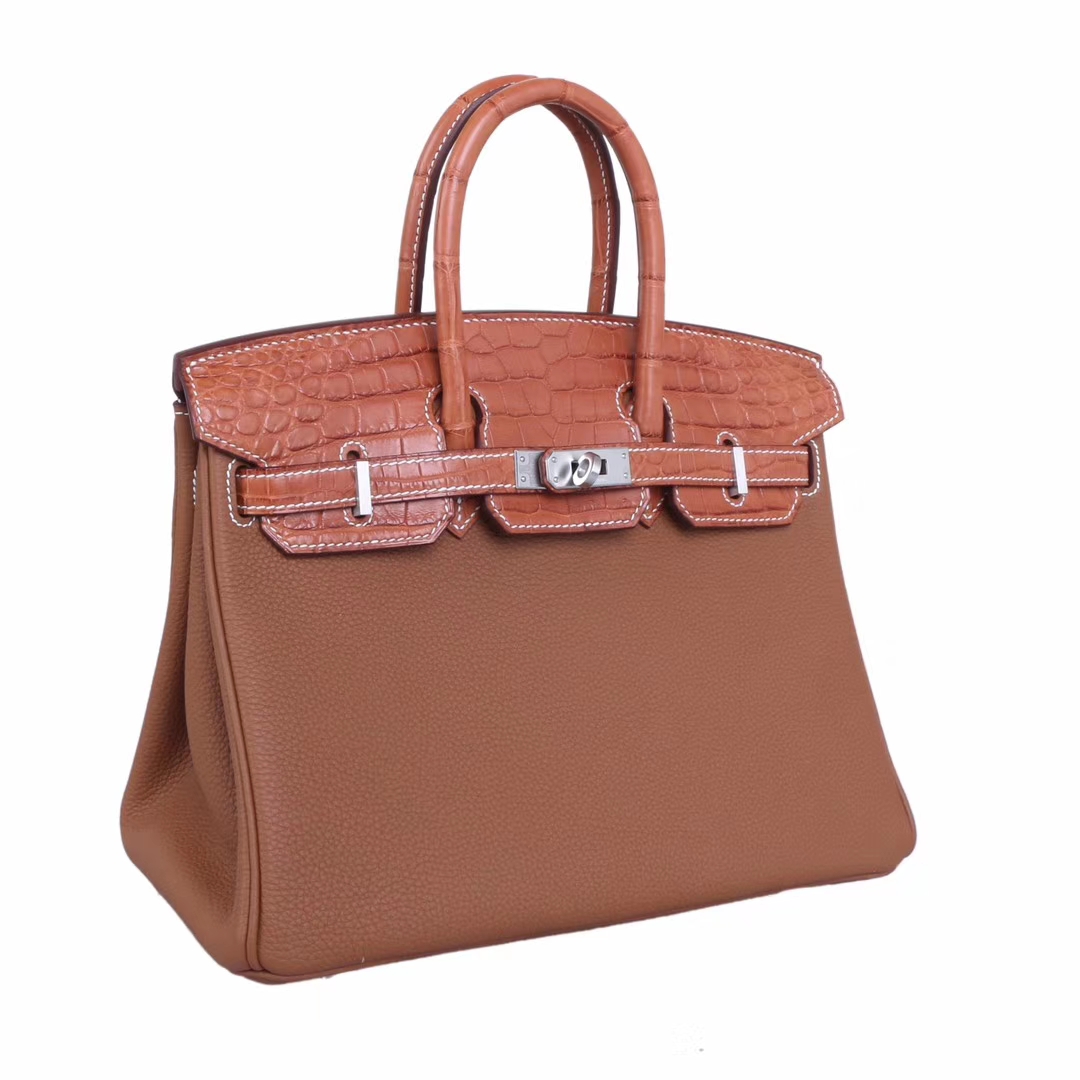 Hermès（爱马仕）Birkin 铂金包 金棕色 Togo 包身金棕鳄鱼盖头抽带手柄 银扣 25cm