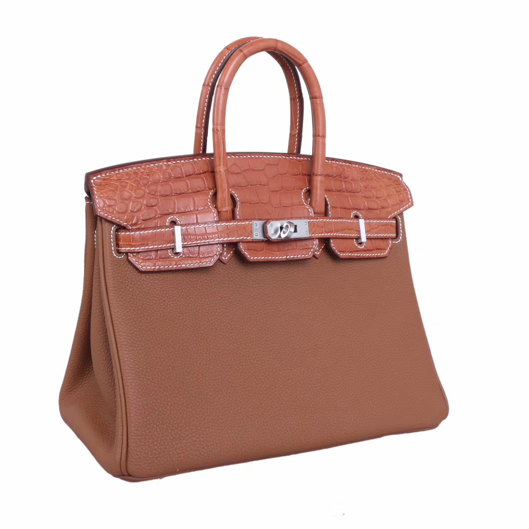 Hermès（爱马仕）Birkin 铂金包 金棕色 Togo 包身金棕鳄鱼盖头抽带手柄 银扣 25cm