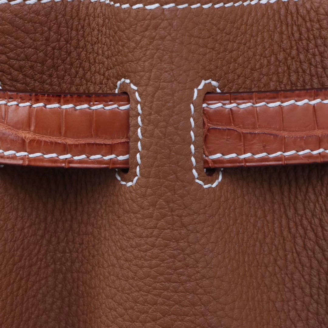 Hermès（爱马仕）Birkin 铂金包 金棕色 Togo 包身金棕鳄鱼盖头抽带手柄 银扣 25cm