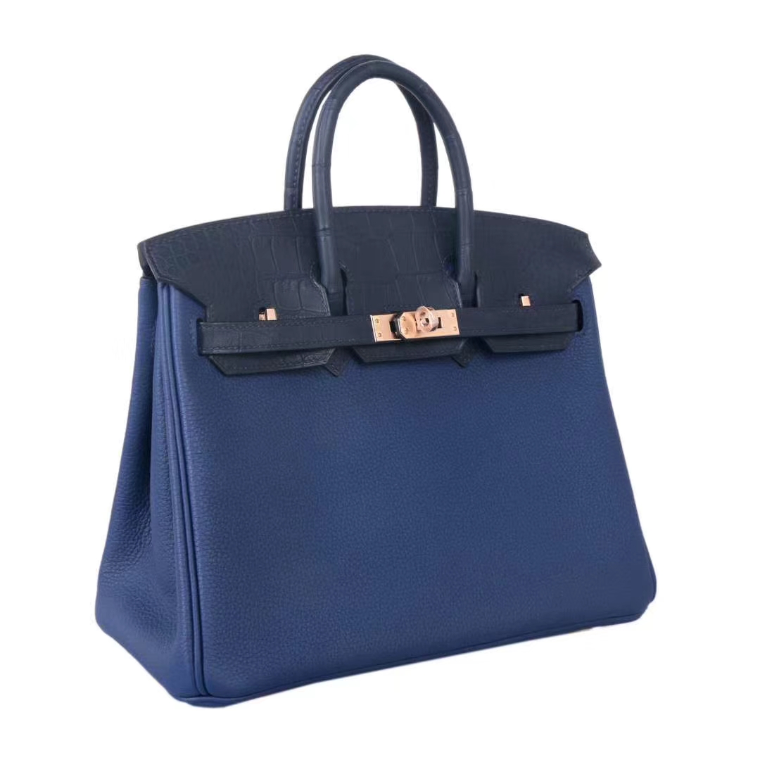 Hermès（爱马仕）birkin 铂金包 宝石蓝 手柄 包盖 抽带 同色鳄鱼 金扣 25cm