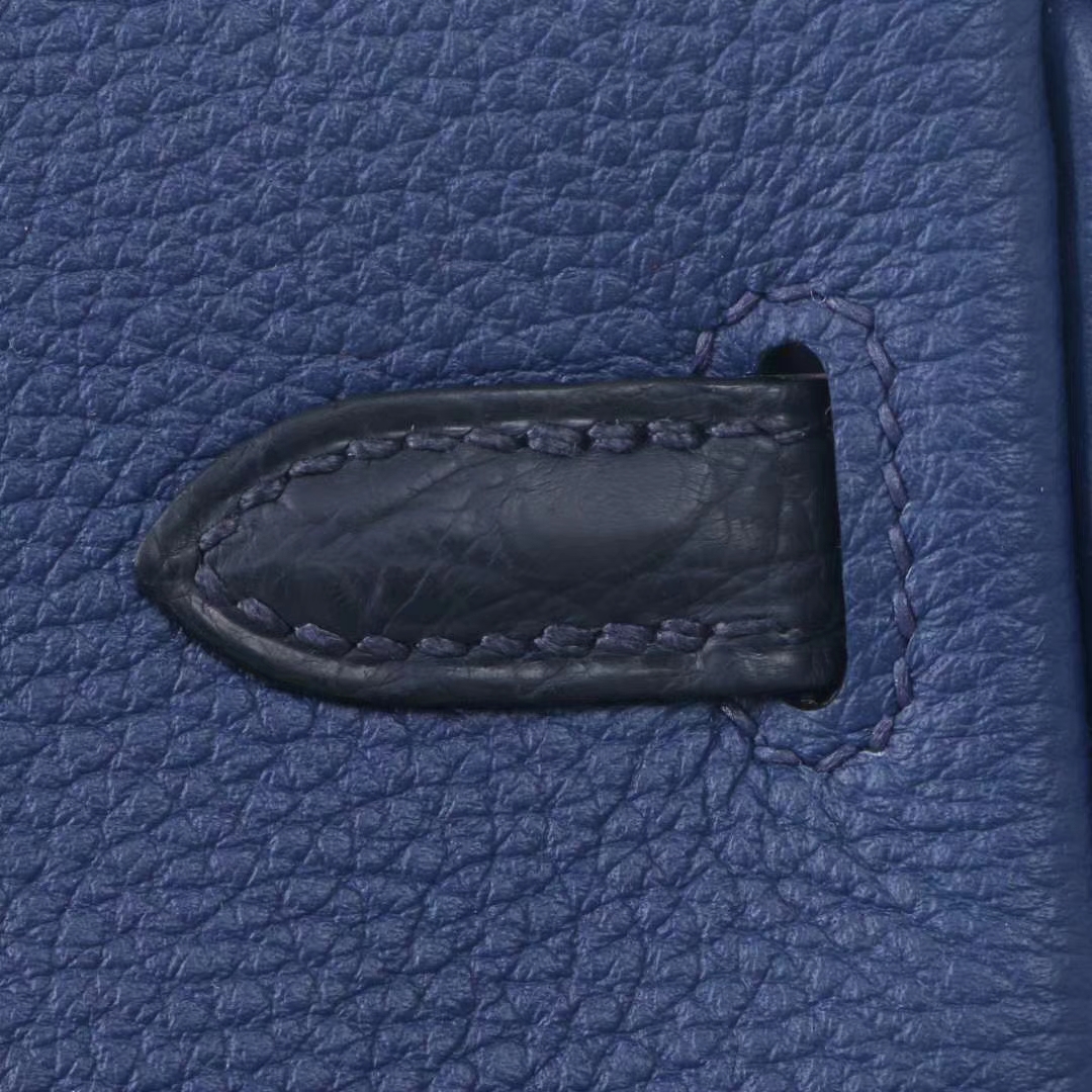 Hermès（爱马仕）birkin 铂金包 宝石蓝 手柄 包盖 抽带 同色鳄鱼 金扣 25cm