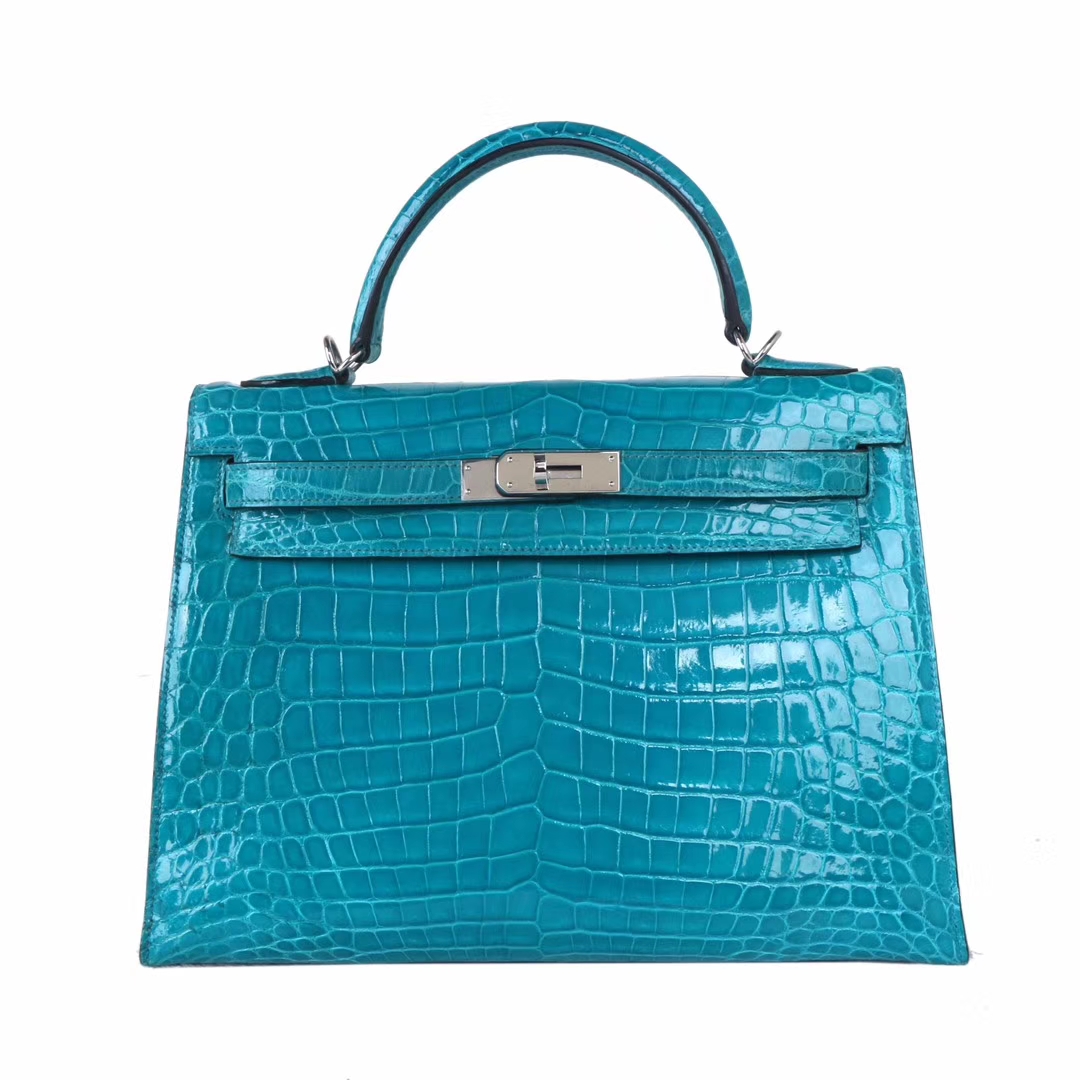 Hermès（爱马仕）Kelly 凯莉包 湖水蓝 亮面鳄鱼 银扣 28cm