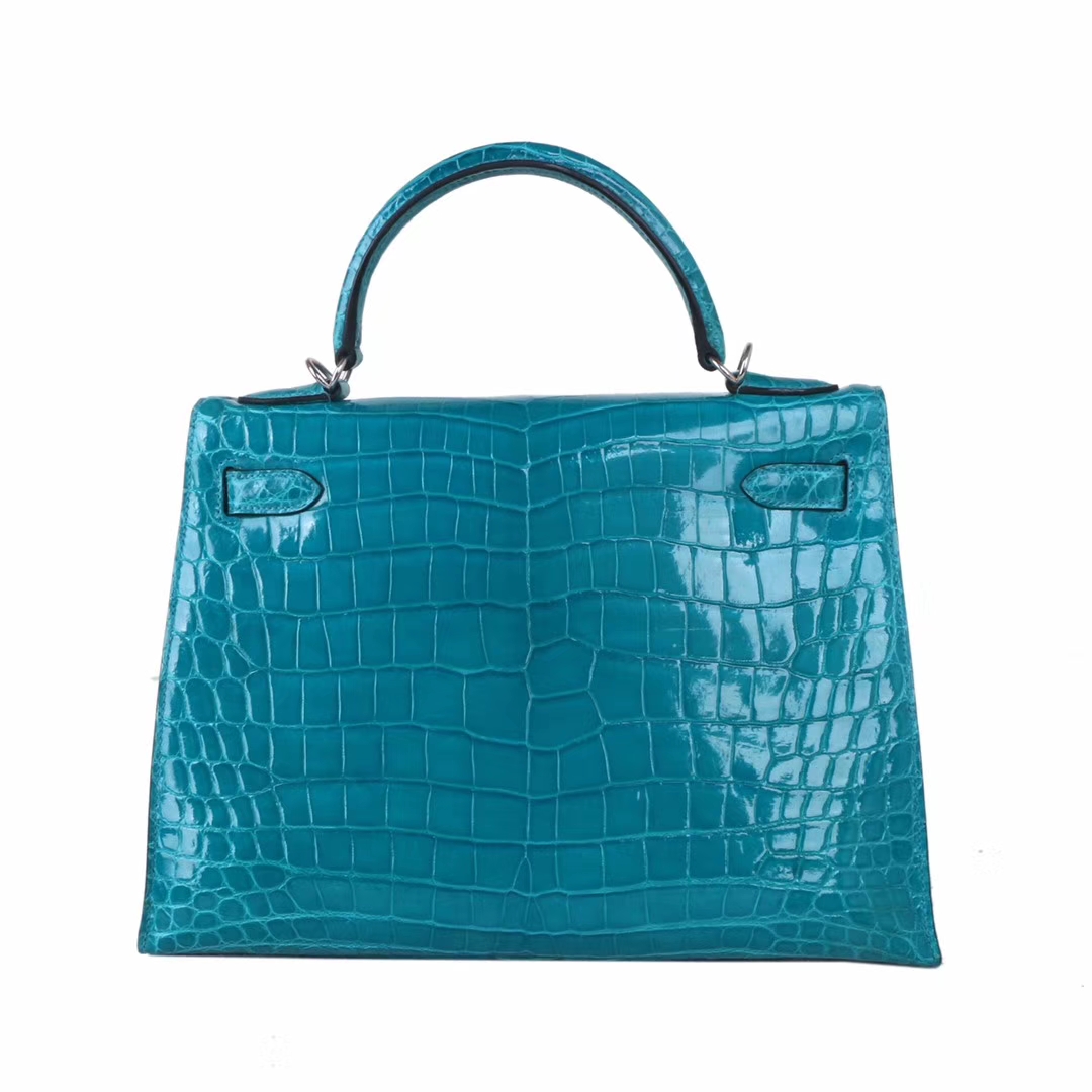 Hermès（爱马仕）Kelly 凯莉包 湖水蓝 亮面鳄鱼 银扣 28cm