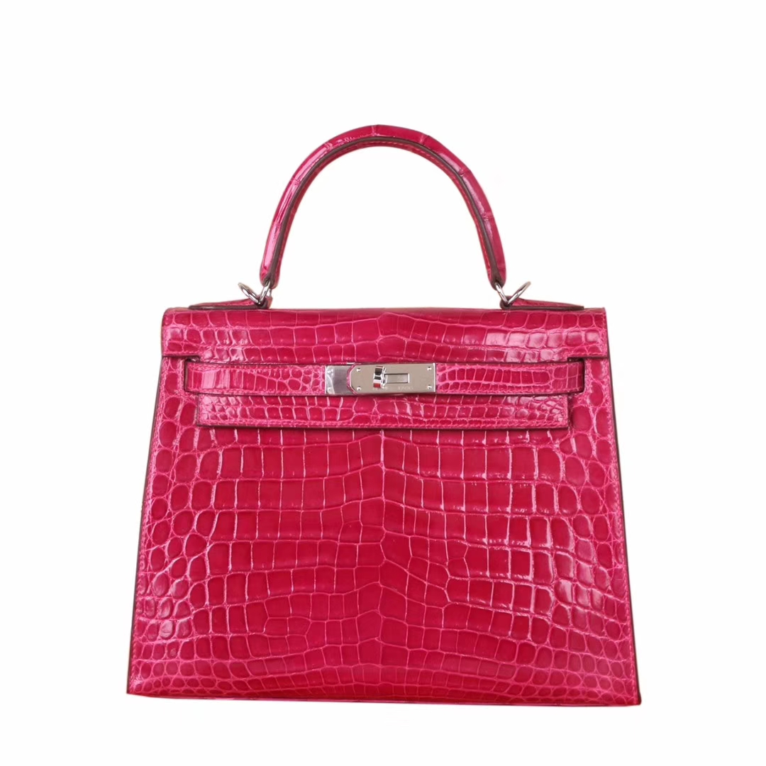 Hermès（爱马仕）Kelly 凯莉包 桃红色 亮面鳄鱼 银扣 28cm