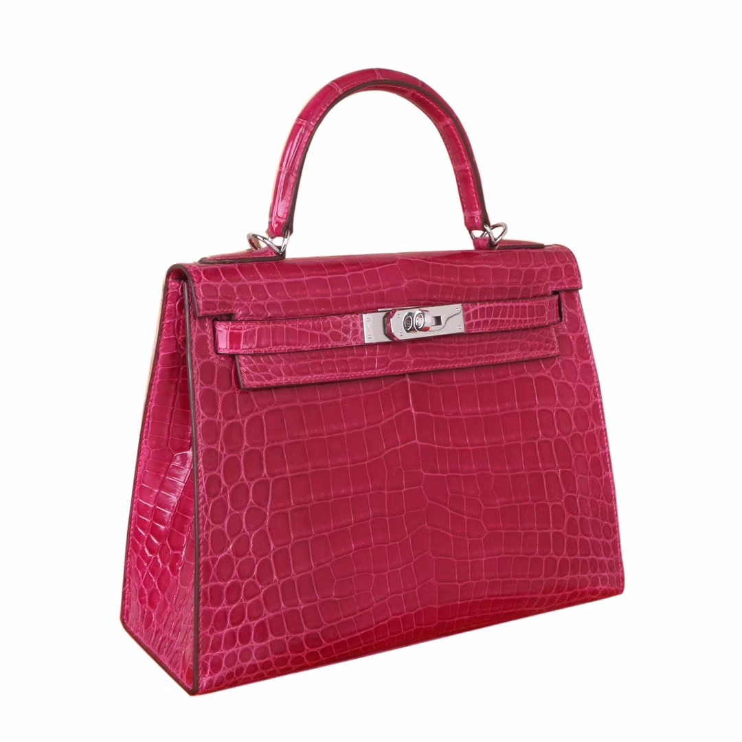 Hermès（爱马仕）Kelly 凯莉包 桃红色 亮面鳄鱼 银扣 28cm