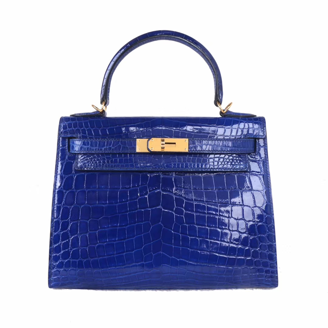 Hermès（爱马仕）Kelly 凯莉包 电光蓝 亮面鳄鱼 金扣 28cm