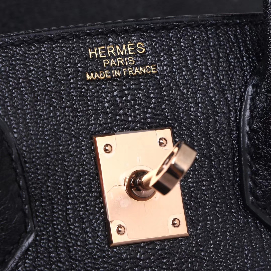 Hermes（爱马仕）Birkin 铂金包 黑色 山羊皮 玫瑰金 30cm