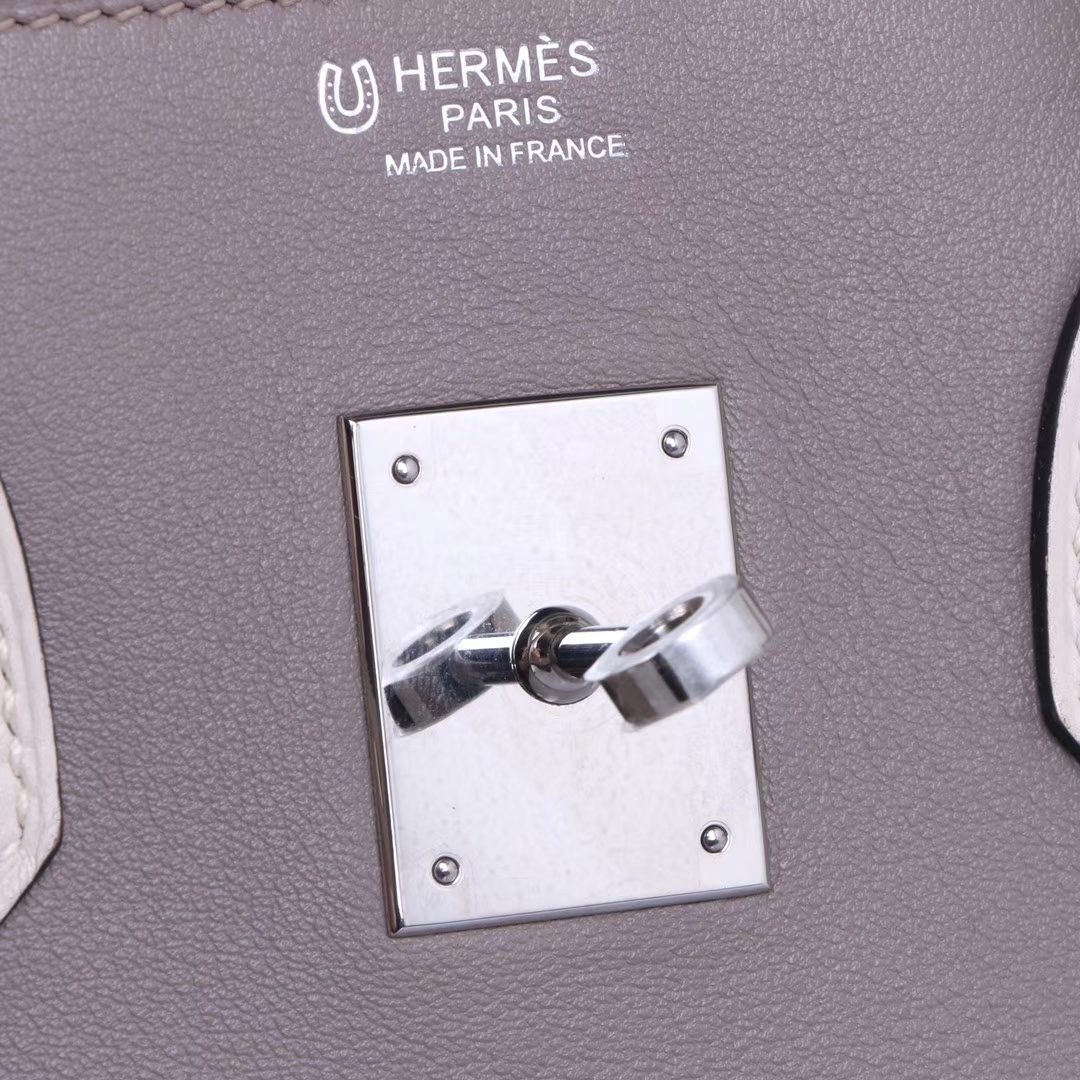 Hermes（爱马仕）Birkin 铂金包 沥青灰拼奶昔白 Swift皮 银扣 30cm