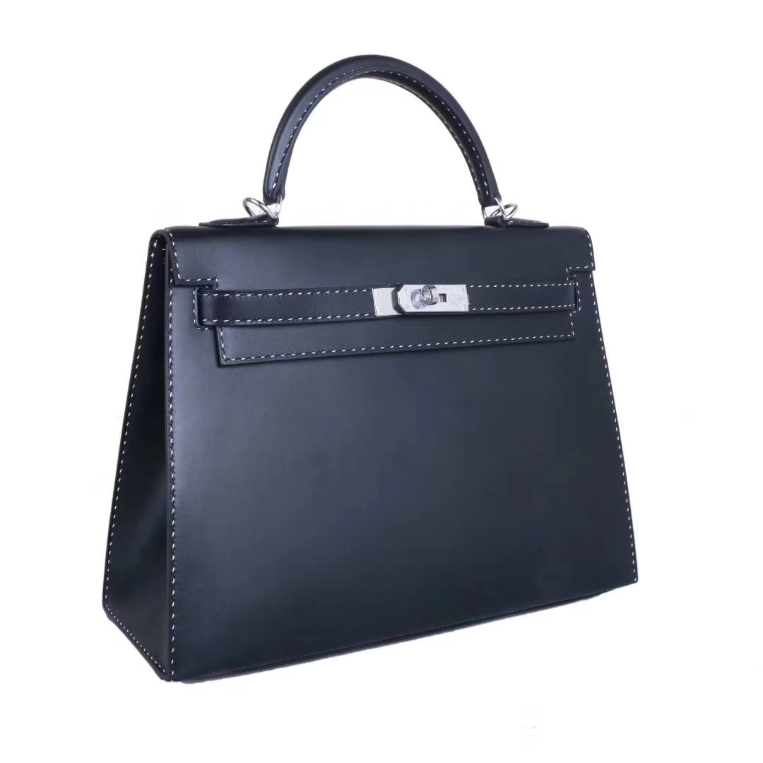 Hermès（爱马仕）Kelly 凯莉包 黑色 Box 黑白钢琴走线 银扣 32cm