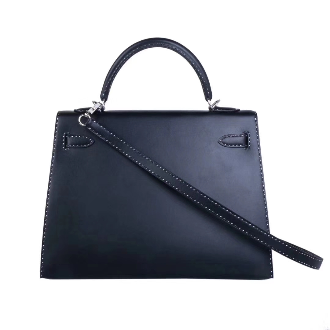 Hermès（爱马仕）Kelly 凯莉包 黑色 Box 黑白钢琴走线 银扣 32cm