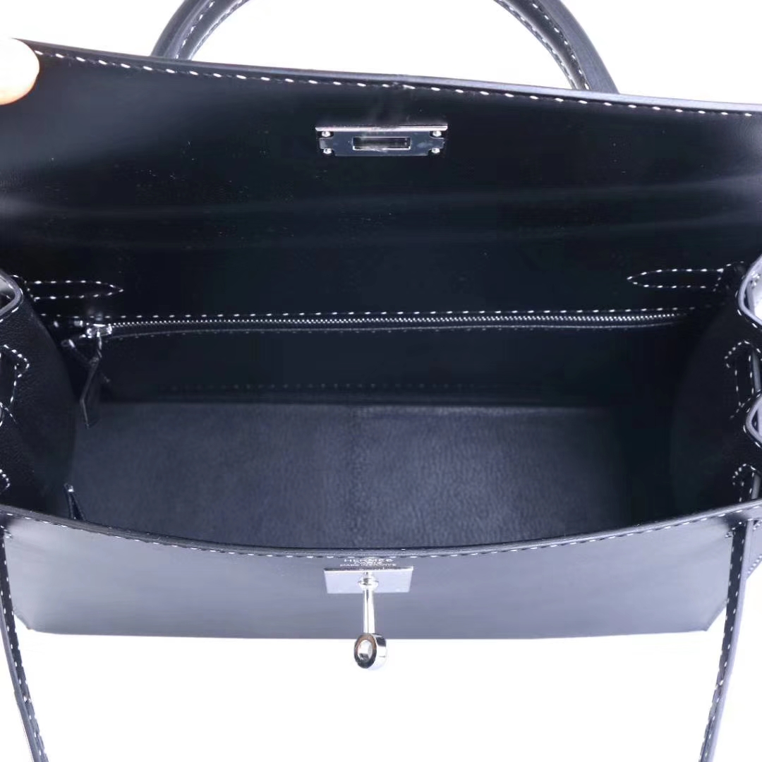 Hermès（爱马仕）Kelly 凯莉包 黑色 Box 黑白钢琴走线 银扣 32cm