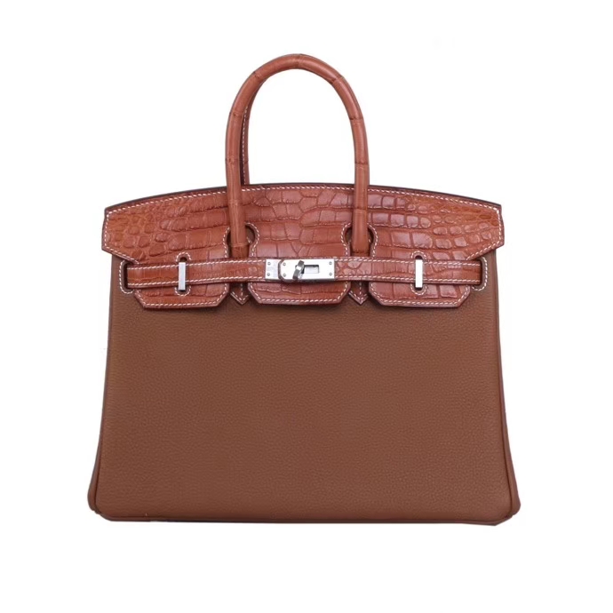 Hermès（爱马仕）Birkin 铂金包 金棕色 Togo拼同色鳄鱼皮 银扣 30CM