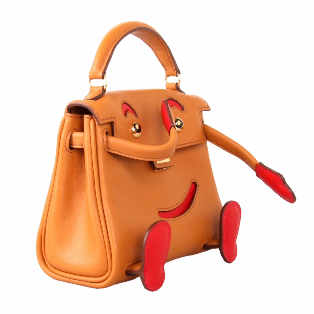 Hermès（爱马仕）kelly doll娃娃包 太妃金拼火焰红 swift皮 银扣 18cm