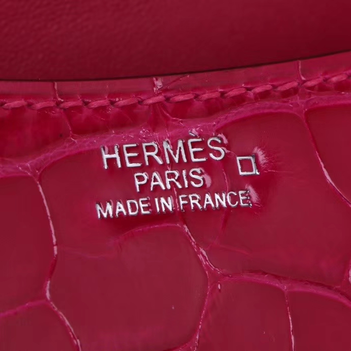 Hermès（爱马仕）Constace 空姐包 桃红色 亮面鳄鱼 银扣 19cm