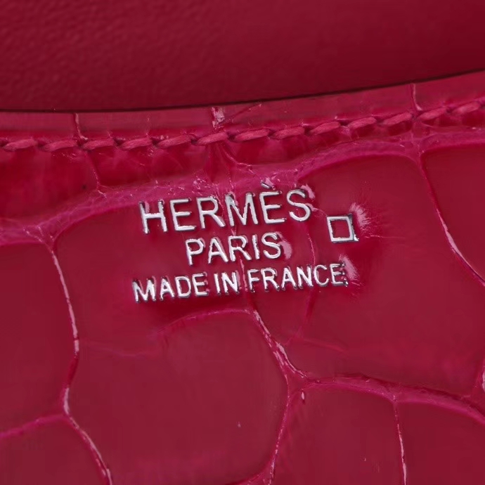 Hermès（爱马仕）Constace 空姐包 桃红色 亮面鳄鱼 银扣 19cm
