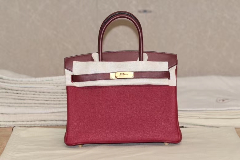 Hermès（爱马仕）birkin 石榴红togo拼酒红色 box皮 金扣 30cm出货